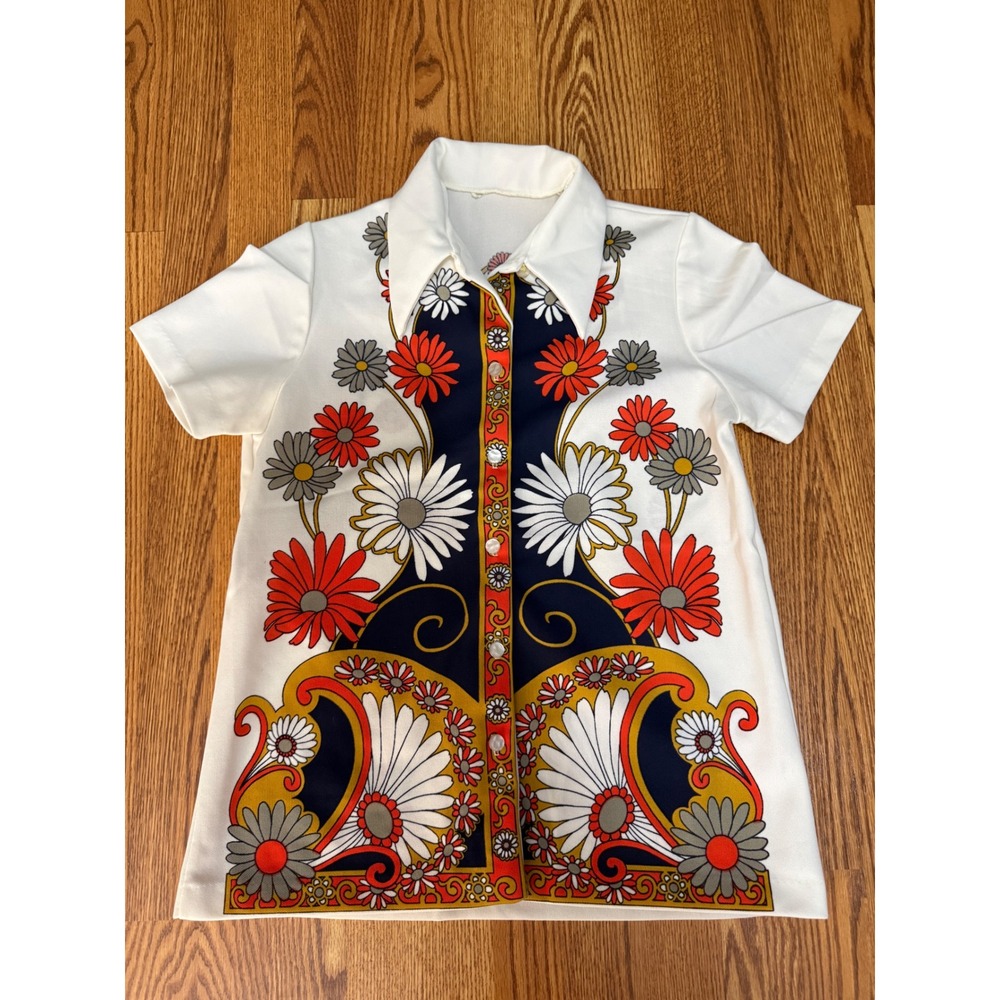 Vintage 70s Mod Daisy Floral Blouse M Psychedelic Flower Power Border Print